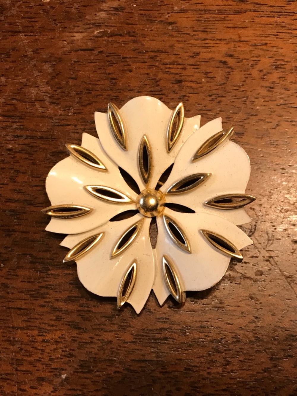 Vintage Trifari White Enamel Floral Brooch Gold Accents